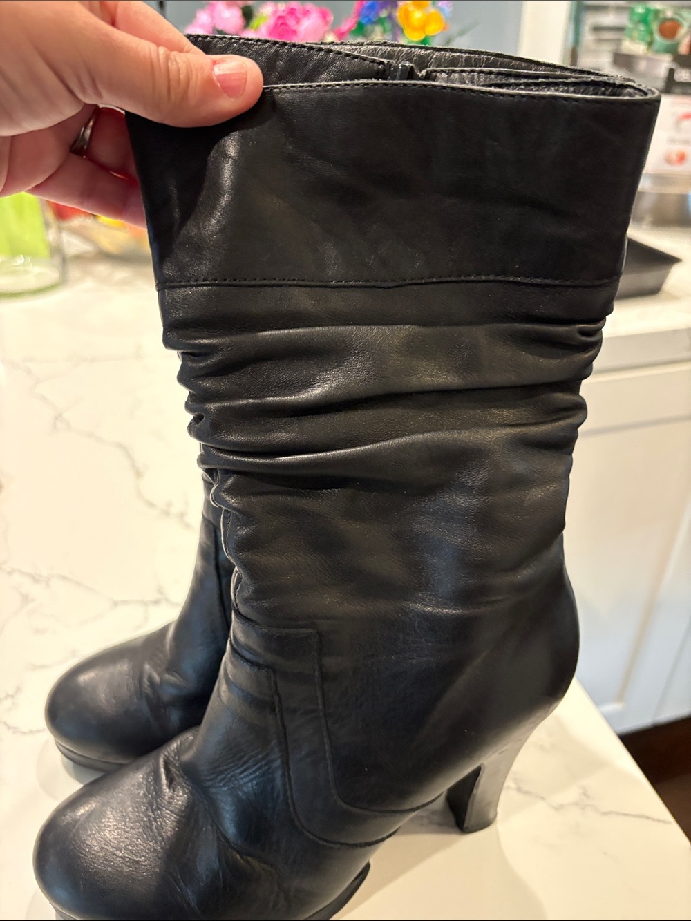 Two Lips Black Slouchy Mid-Calf Heeled Boots